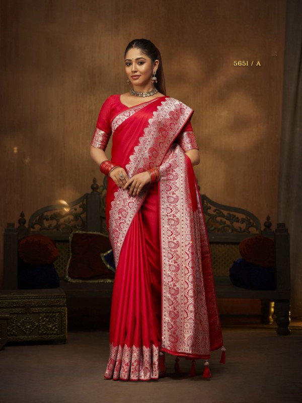 Pure Satin Party wear Saree In Red Color with Swaroskvi Work 