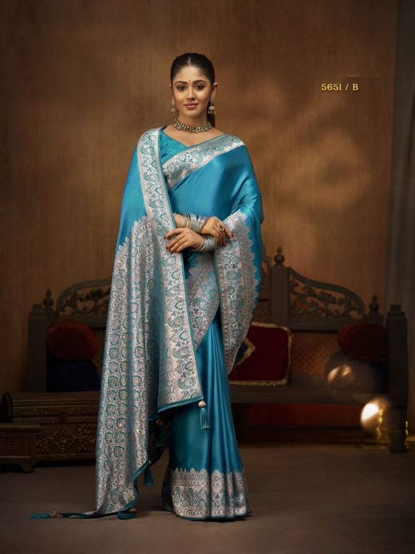 Pure Satin Party wear Saree In Turquoise Blue Color with Swaroskvi Work 