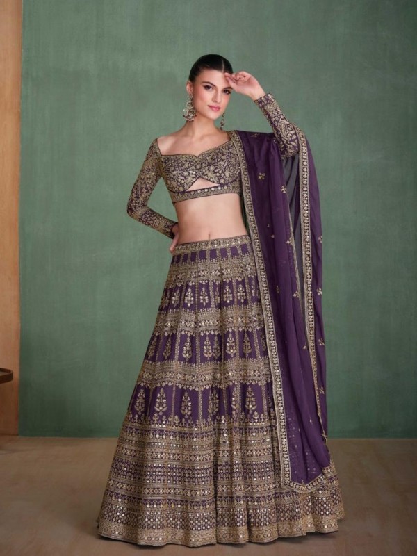 Pure Georgette Party Wear Lehenga In Purple Color With Embroidery Work
