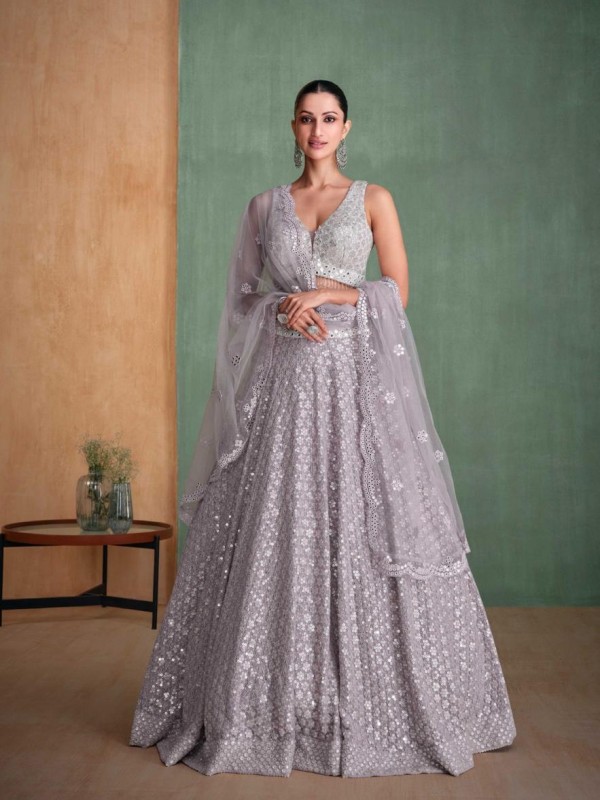 Pure Georgette Party Wear Lehenga In Grey Color With Embroidery Work