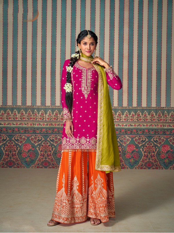 Premium Chinnon Silk Party Wear Sharara Pink Color with Embroidery Work