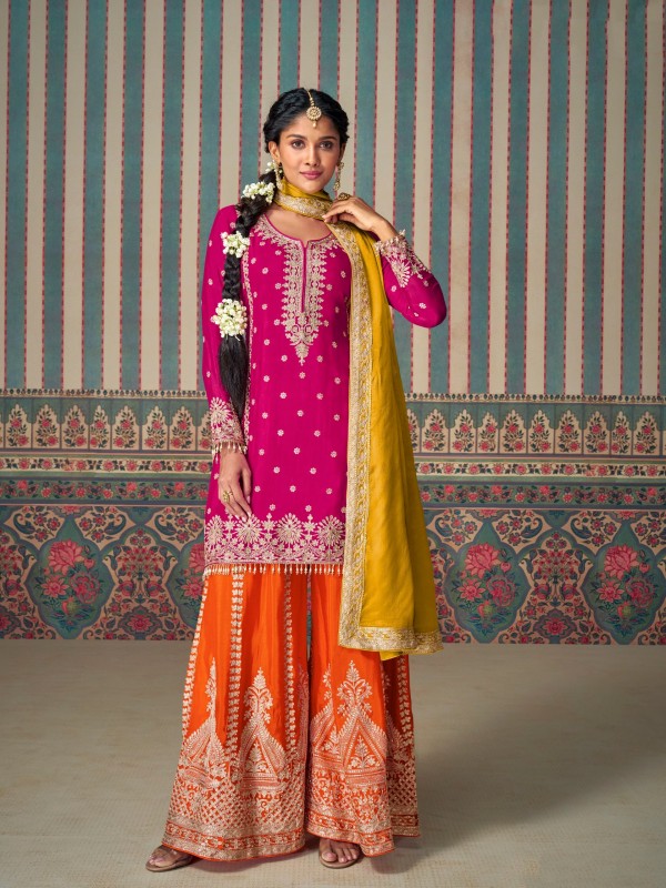Premium Chinnon Silk Party Wear Sharara Pink Color with Embroidery Work
