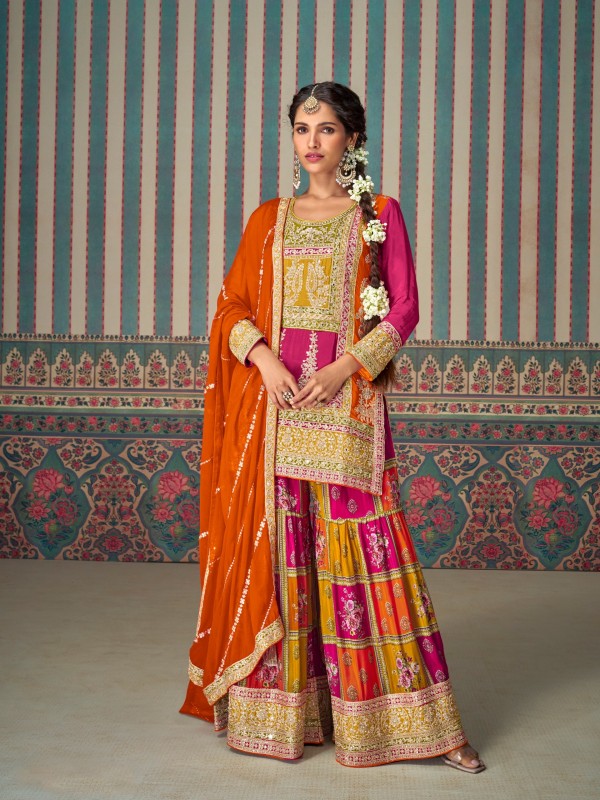 Premium Chinnon Silk Party Wear Sharara Multi Color Color with Embroidery Work
