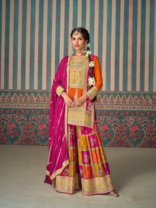 Premium Chinnon Silk Party Wear Sharara Multi Color Color with Embroidery Work