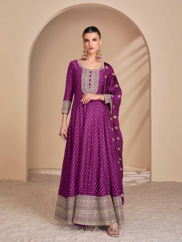 Pure Viscose Jacquard Silk Party Wear Gown Dark Pink Color with Embroidery Work