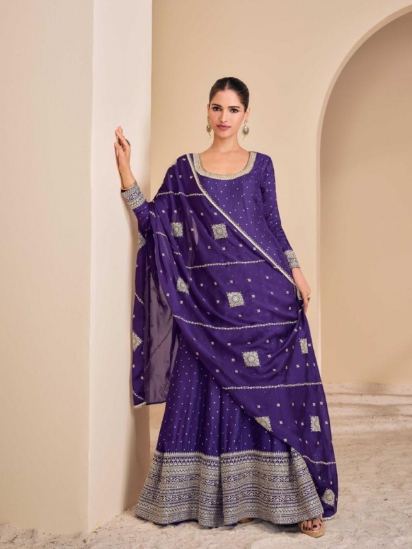 Pure Viscose Jacquard Silk Party Wear Gown Purple Color with Embroidery Work