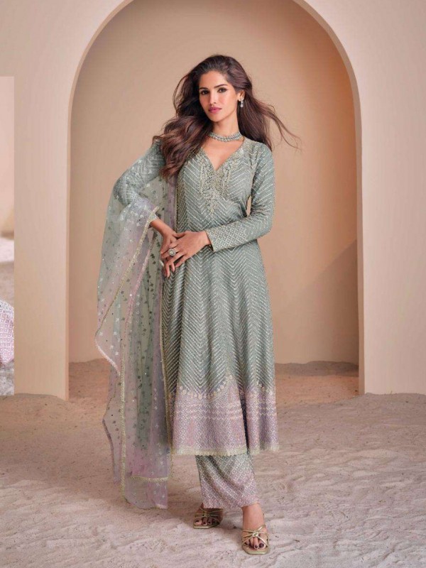 Pure Chinon Silk Party Wear Sharara Grey Color with Embroidery Work