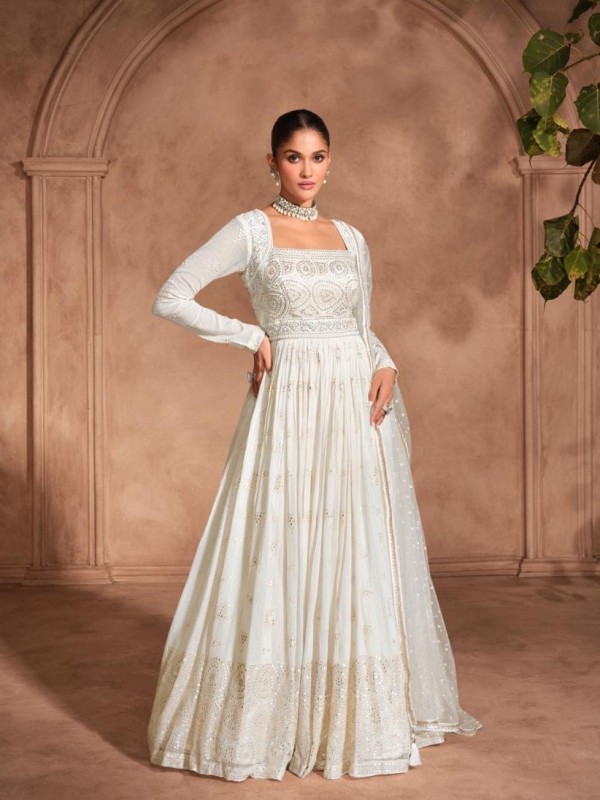 Pure Georgette Party Wear Gown Off White Color with Embroidery Work
