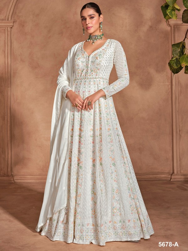 Pure Chinon Party Wear Gown White Color with Embroidery Work