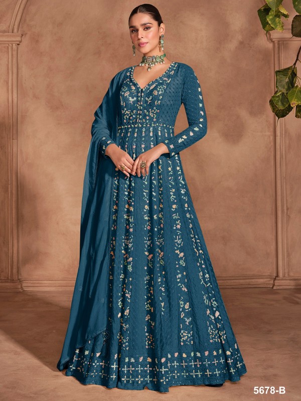 Pure Chinon Party Wear Gown Teal Blue Color with Embroidery Work