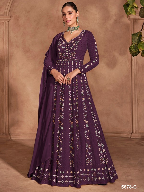 Pure Chinon Party Wear Gown Wine Color with Embroidery Work