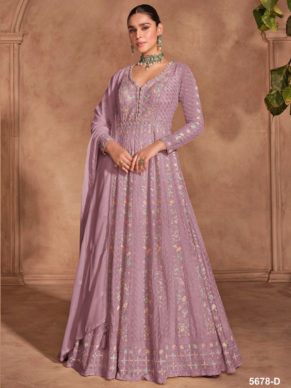 Pure Chinon Party Wear Gown Pink Color with Embroidery Work