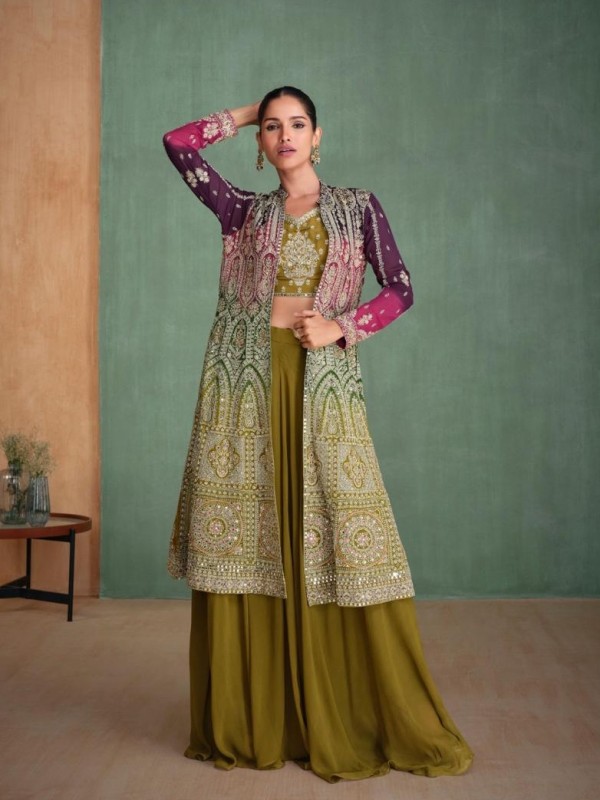 Real Georgette Silk Party Wear 3 pcs In Mahendi Green Color with Embroidery Work