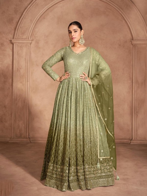 Real Georgette Silk Party Wear Gown Lime Green Color with Embroidery Work