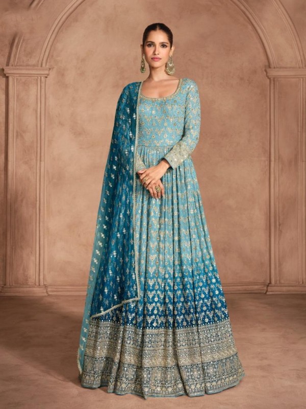 Real Georgette Silk Party Wear Gown Sky Blue Color with Embroidery Work