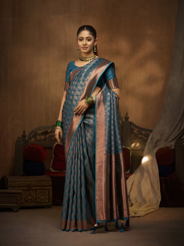 Pure Satin Party wear Saree In Blue Color with Swaroskvi Work 