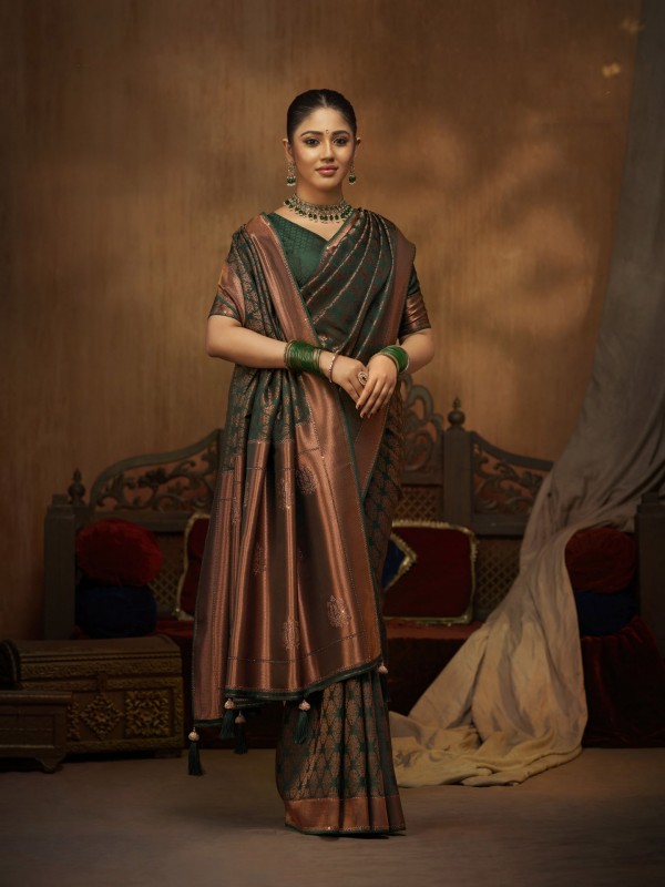 Pure Satin Party wear Saree In Green Color with Swaroskvi Work 