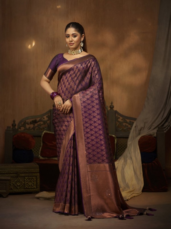 Pure Satin Party wear Saree In Purple Color with Swaroskvi Work 