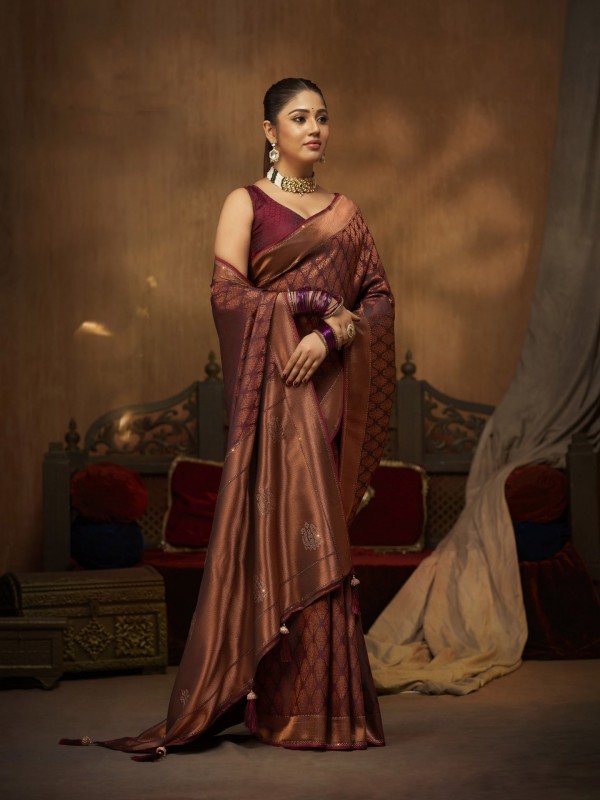 Pure Satin Party wear Saree In Brown Color with Swaroskvi Work 