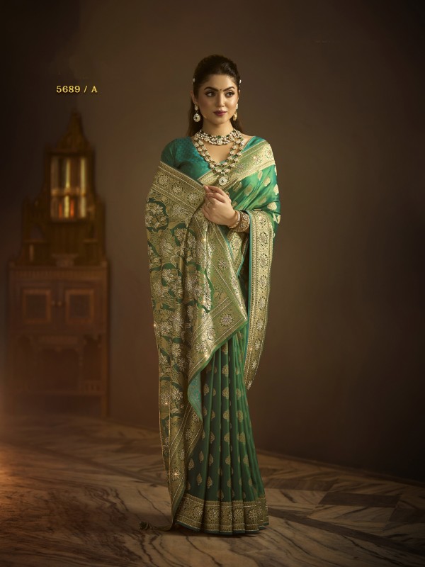 Pure Silk Party wear Saree In Green Color with Swaroskvi Work 