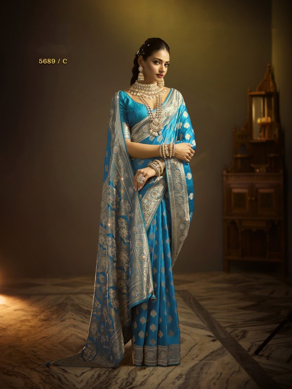 Pure Silk Party wear Saree In Sea Blue Color with Swaroskvi Work 