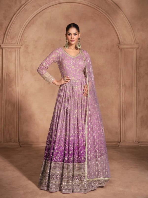 Real Georgette Silk Party Wear Gown Lavender Color with Embroidery Work