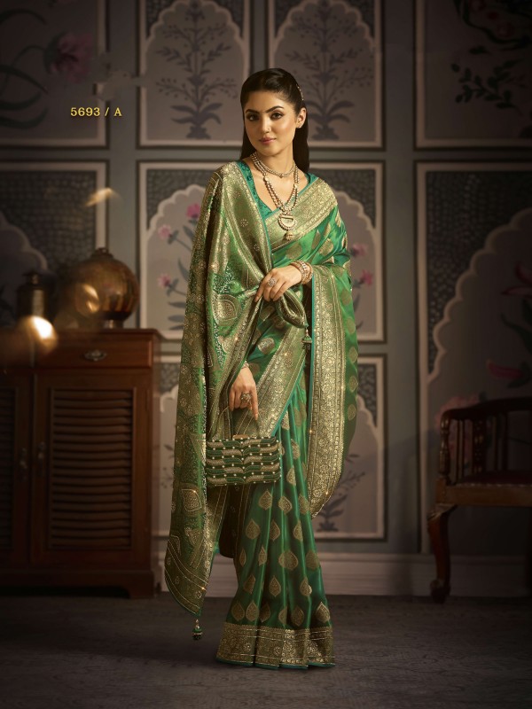 Pure Silk Party wear Saree In Green Color with Swaroskvi Work 