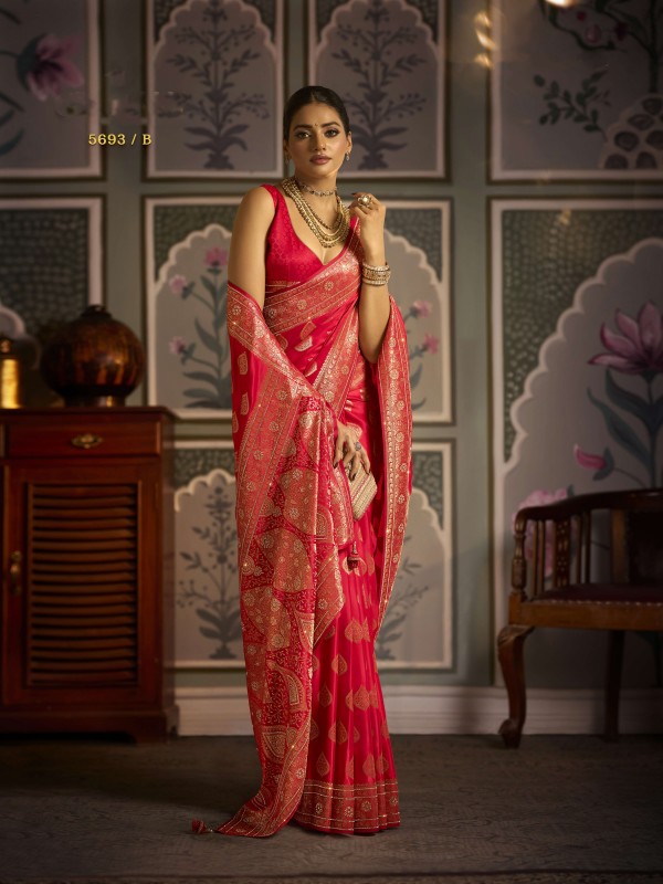 Pure Silk Party wear Saree In Red Color with Swaroskvi Work 