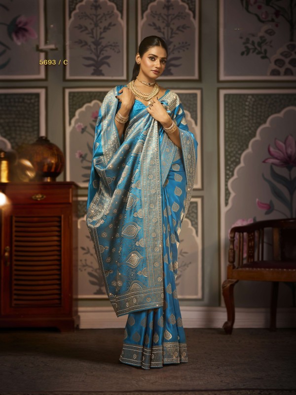 Pure Silk Party wear Saree In Sea Blue Color with Swaroskvi Work 