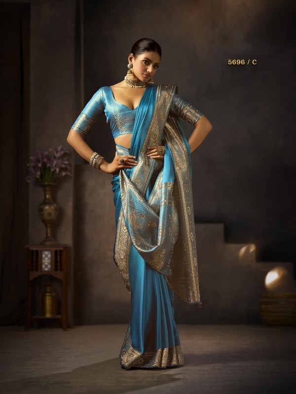Pure Silk Party wear Saree In Sea Blue Color with Swaroskvi Work 