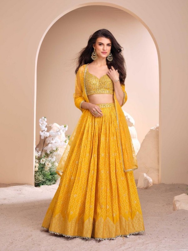 Pure Viscos Jacquard Silk Party Wear Lehenga In Yellow Color With Embroidery Work