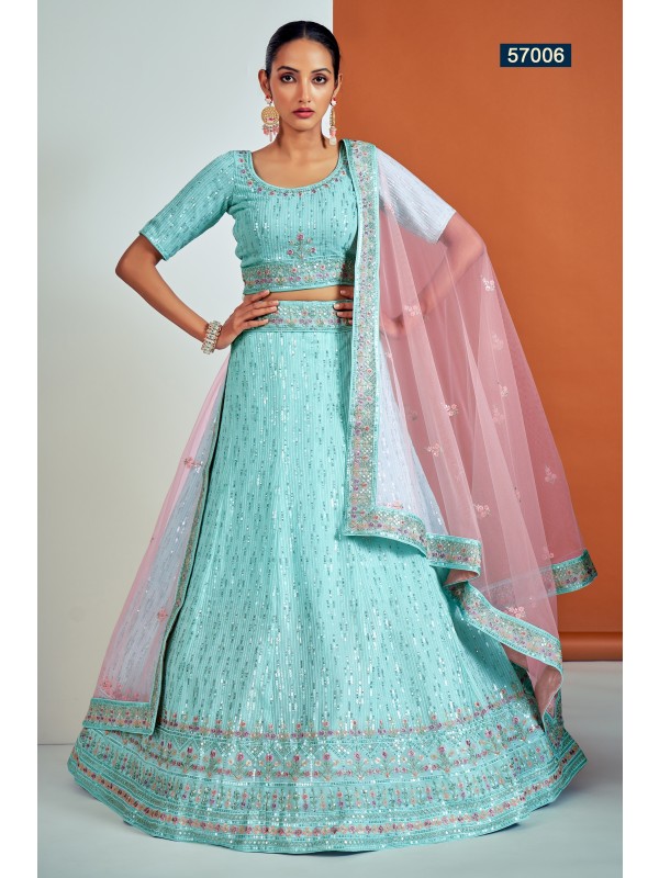 Georgette Fabrics  Wedding Wear Lehenga in Turquoise Color With Embroidery Work