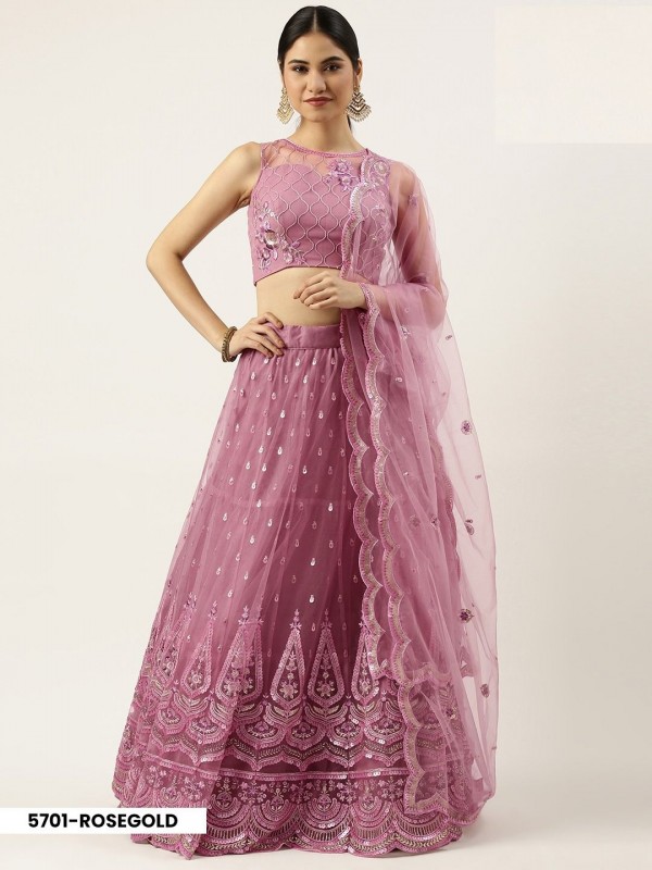 Soft Premium Net Party Wear Wear Lehenga In Rose Gold Color With Embroidery Work 