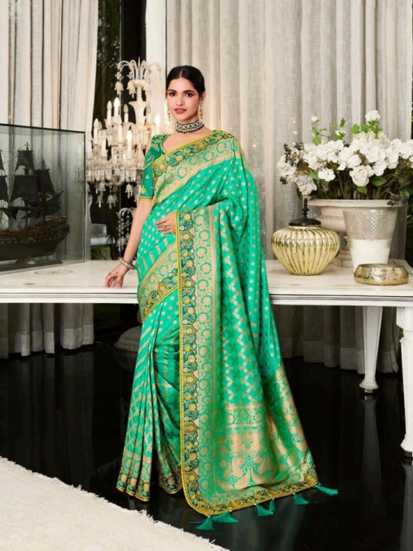 Pure Banarasi Silk Saree In  Turquoise  Color With Embroidery Work