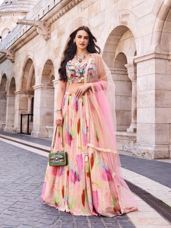 Pure Chinon Silk Party Wear Lehenga In Peach Color With Embroidery Work