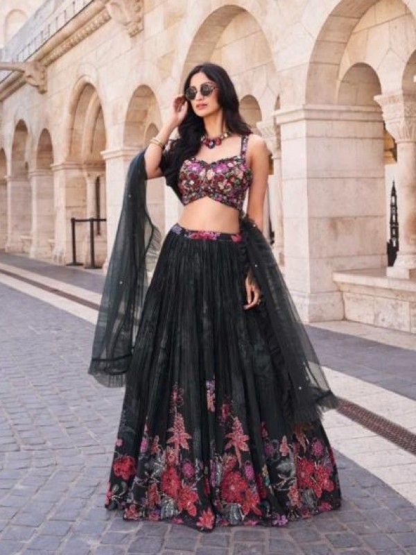 Pure Chinon Silk Party Wear Lehenga In Black Color With Embroidery Work