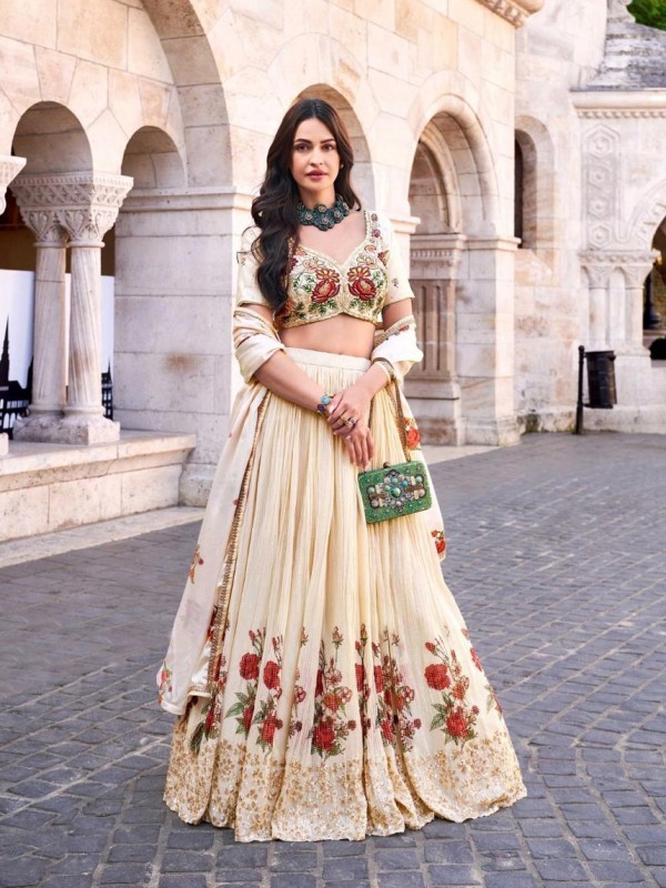Pure Chinon Silk Party Wear Lehenga In Off White Color With Embroidery Work