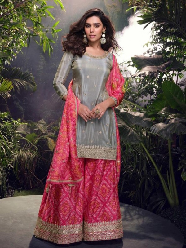 Pure Chinon Silk Party Wear Sharara Multi Color with Embroidery Work
