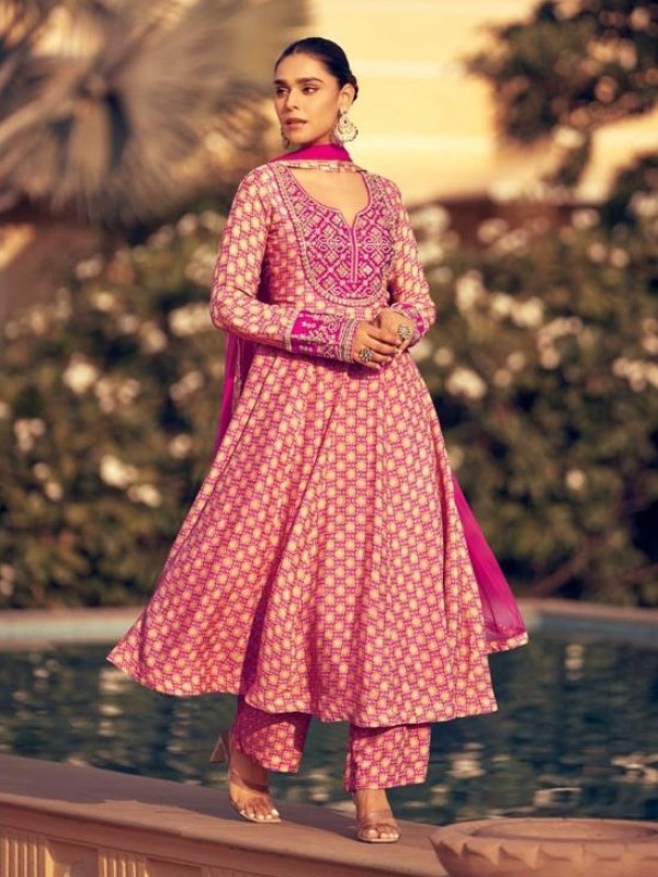 Pure Chinon Silk Party Wear Gown Pink Color with Embroidery Work