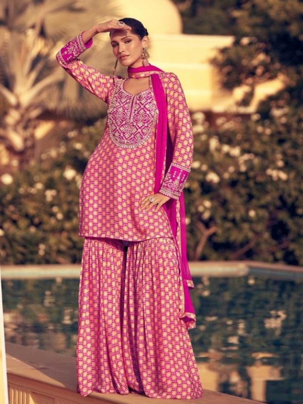 Pure Chinon Silk Party Wear Sharara Pink Color with Embroidery Work