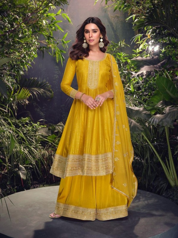 Pure Chinon Silk Party Wear Sharara Yellow Color with Embroidery Work