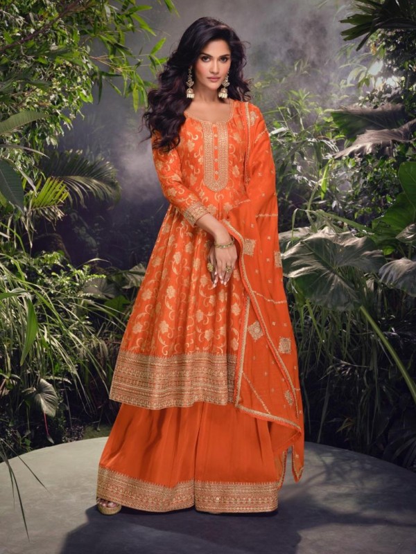 Pure Chinon Silk Party Wear Sharara Orange Color with Embroidery Work