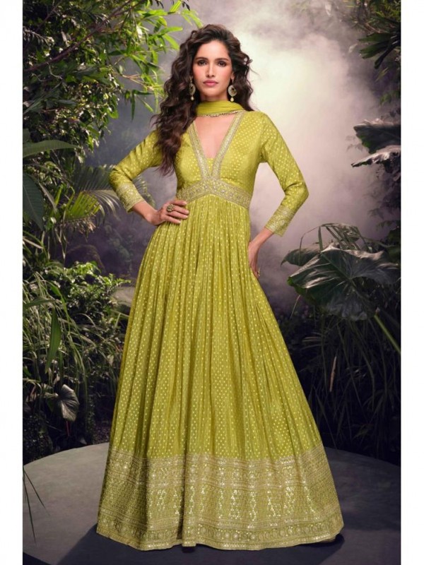 Pure Viscose Jacquared Silk Party Wear Gown Lemon Color with Embroidery Work