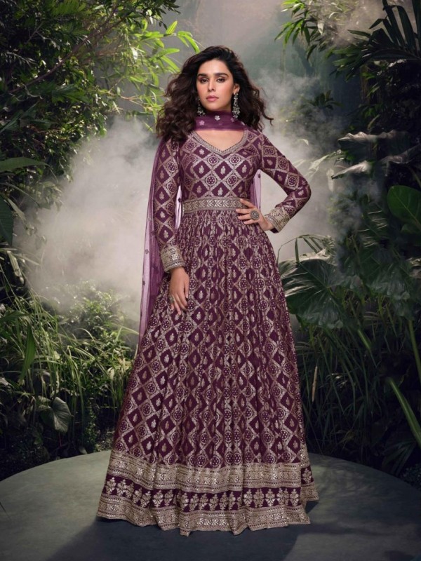 Pure Viscose Jacquared Silk Party Wear Gown Violet Color with Embroidery Work