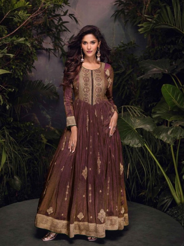 Pure Viscose Jacquared Silk Party Wear Gown Wine Color with Embroidery Work