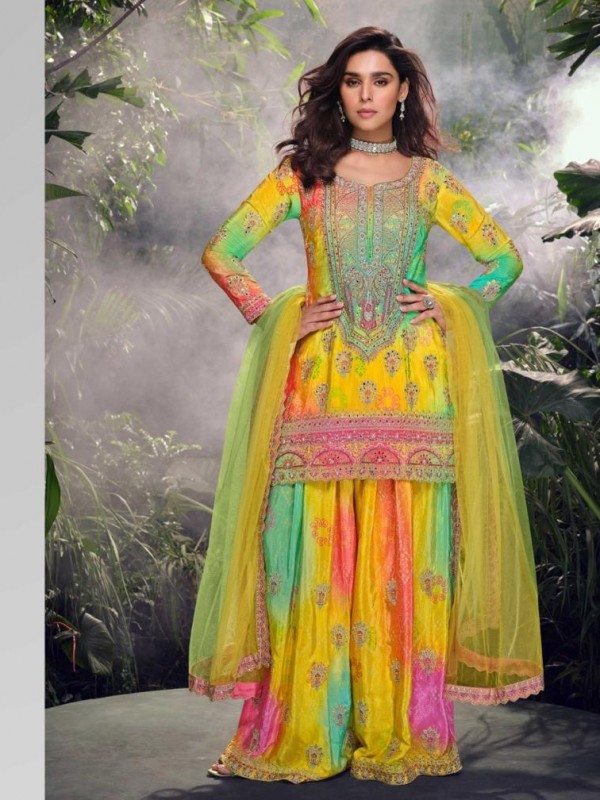 Pure Viscose Jacquard Silk Party Wear Sharara Multi Color with Embroidery Work