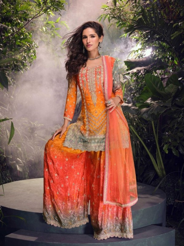 Pure Viscose Jacquard Silk Party Wear Sharara Orange Color with Embroidery Work