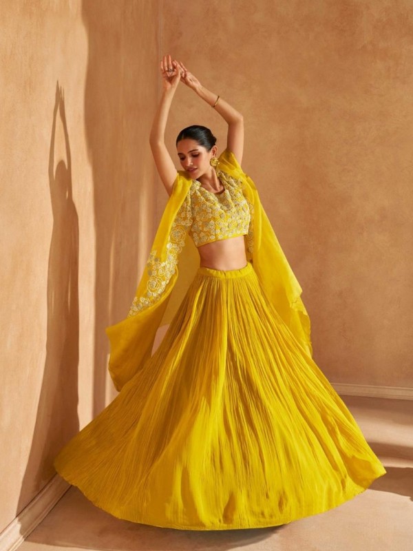 Premium Chinnon Silk Party Wear 3 Pcs Suit Yellow Color Color with Hand Work
