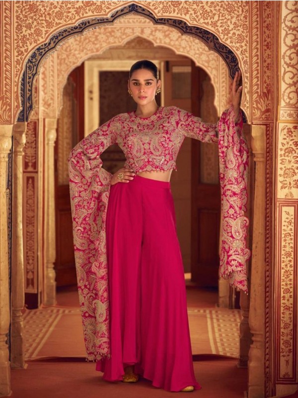Premium Real Chinon Silk Party Wear Plazo Set Pink Color with Embroidery Work