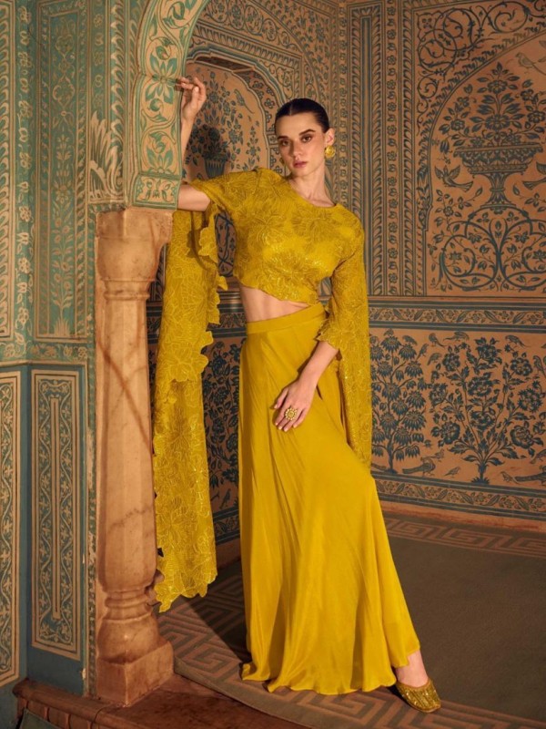 Premium Real Chinon Silk Party Wear Plazo Set Yellow Color with Embroidery Work